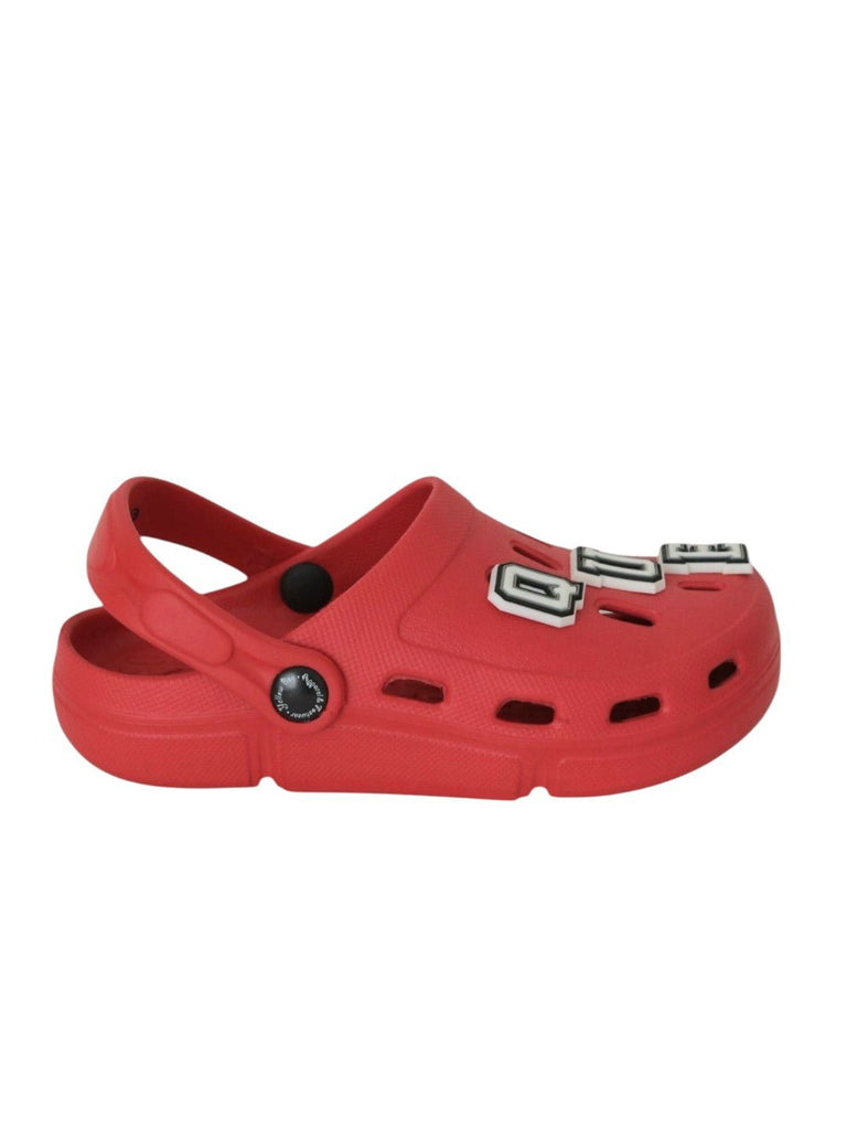 Adorable Red Clogs with “QUEEN” Letter & Crown Charms for Girls-Side View