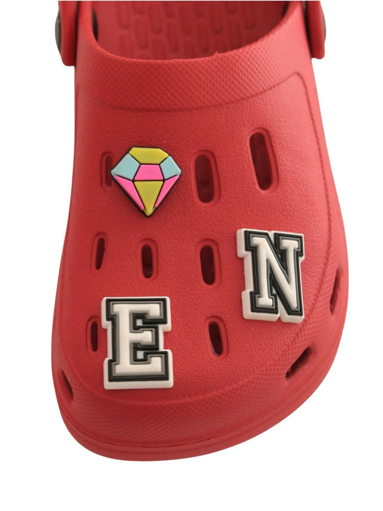 Adorable Red Clogs with “QUEEN” Letter & Crown Charms for Girls-Front View