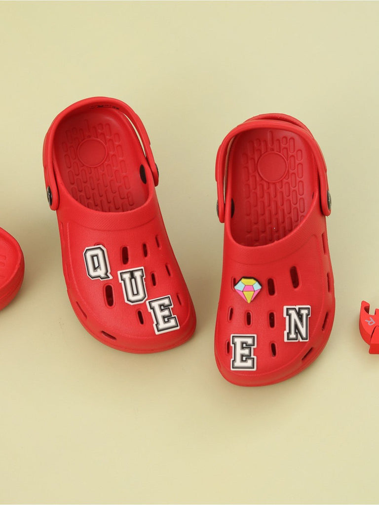 Adorable Red Clogs with “QUEEN” Letter & Crown Charms for Girls-Creative View