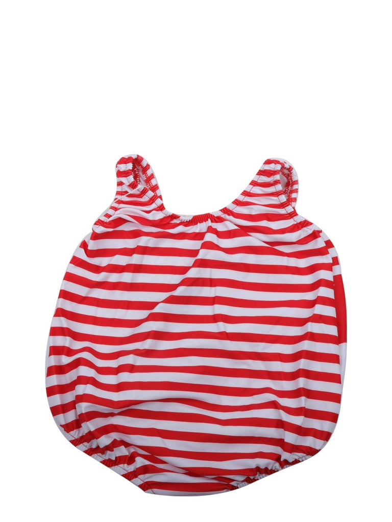 Adorable Red Fox-Themed Swimsuit with Striped Design and Cap For Girls - Red and White-Back view