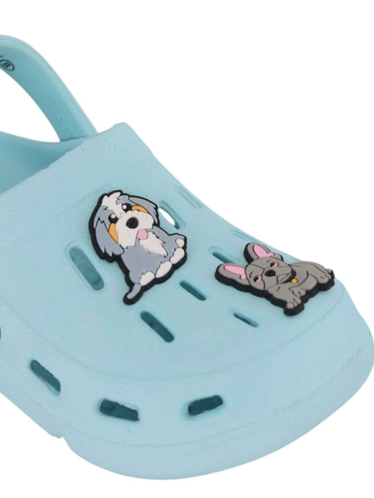 Adorable Sky Blue Clogs with Puppy Charms for Boys-Close up view