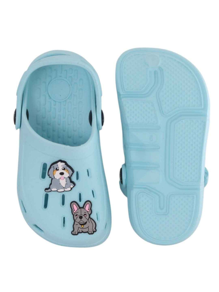 Adorable Sky Blue Clogs with Puppy Charms for Boys-Front & Back View