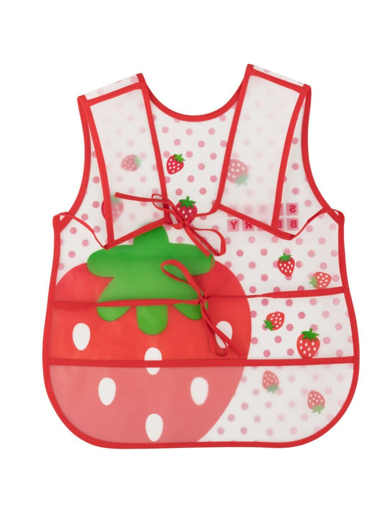 Back view of the adorable strawberry-themed waterproof baby bib with polka dot background and adjustable tie closure.