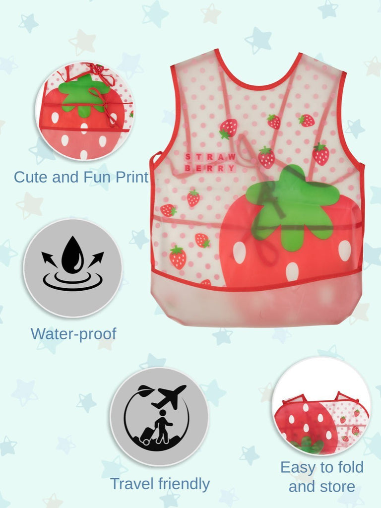 Detailed infographic showing the key features of the strawberry-themed waterproof baby bib with adjustable tie closure.