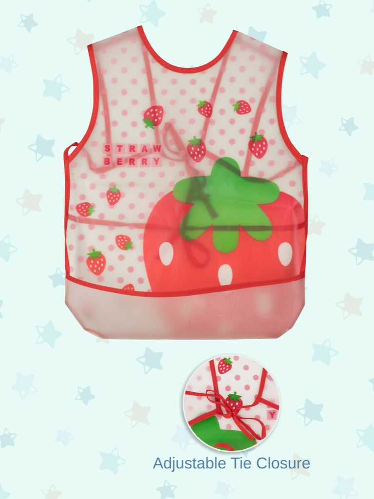 Closeup infographic view showing the features of the strawberry-themed waterproof baby bib with polka dot design.