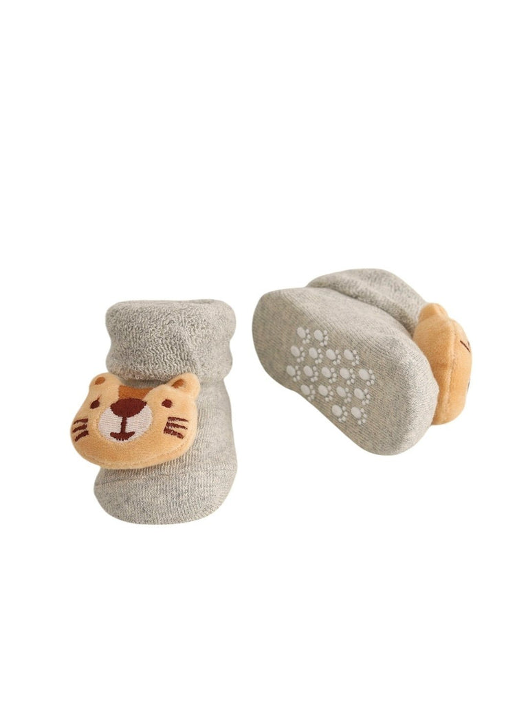 Adorable Lion Face Baby Socks - Cozy Grey- close up view