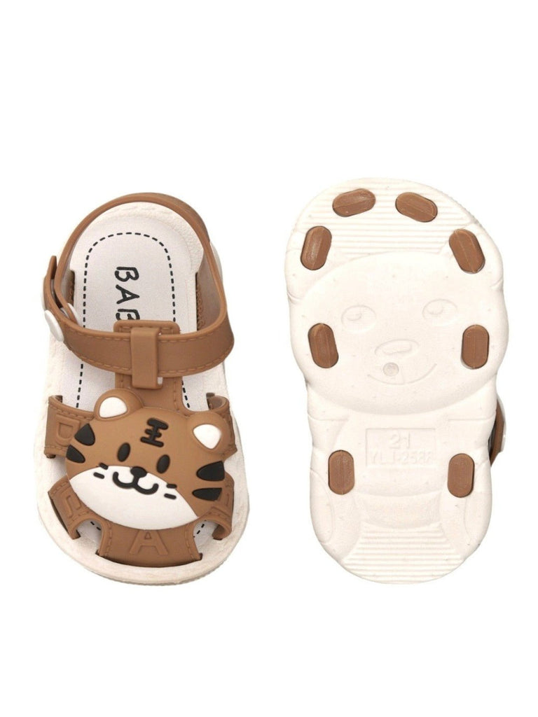 Front and back view of Yellow Bee Tiger Plush Strap Sandals for Boys highlighting the design details.