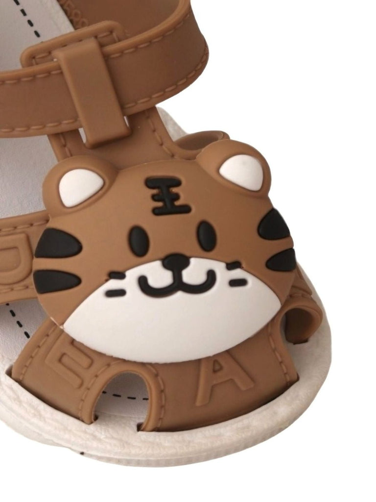 Close up view of Yellow Bee Tiger Plush Strap Sandals for Boys highlighting the adorable tiger plush design.