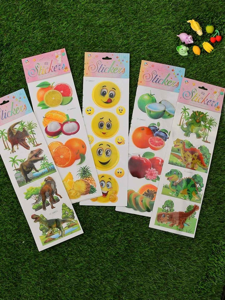 Full view of Yellow Bee Smiley, Dino, and Fruit 3D stickers in vibrant multicolor.