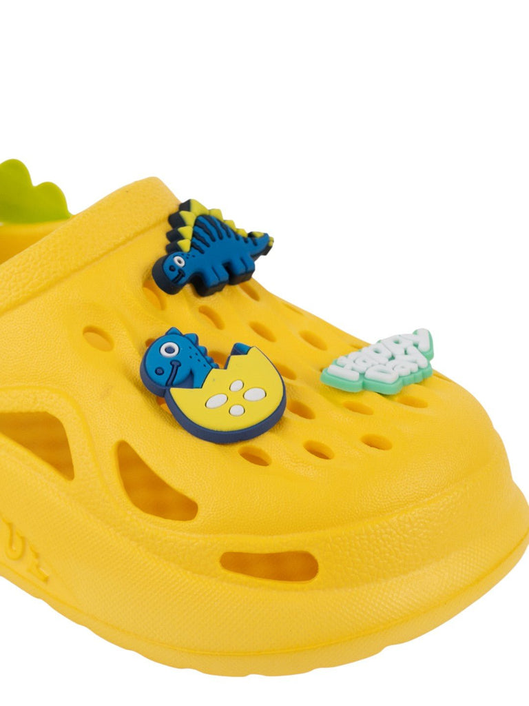 Adorable Yellow Clogs with 3D Dinosaur & “Happy Day” Charms for Boys-Close up view