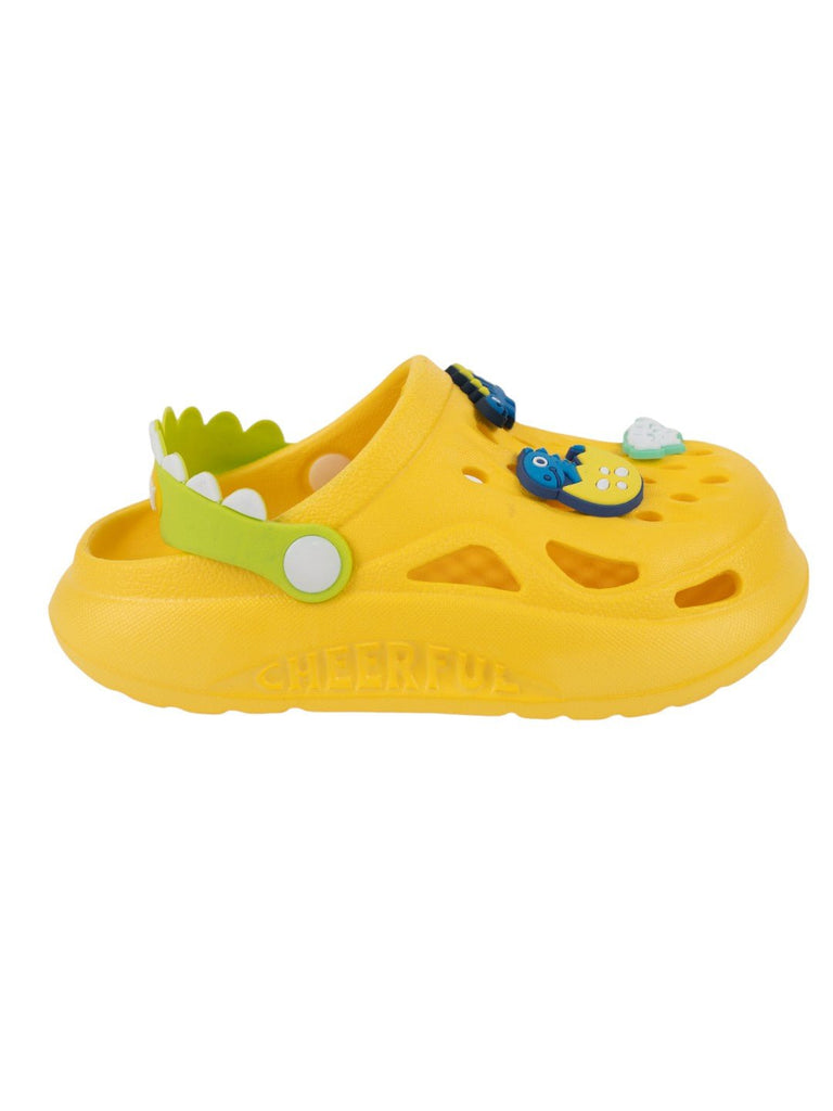 Adorable Yellow Clogs with 3D Dinosaur & “Happy Day” Charms for Boys-Side View