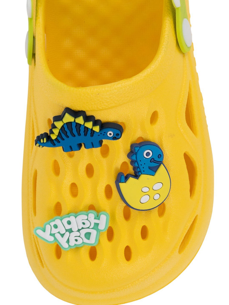 Adorable Yellow Clogs with 3D Dinosaur & “Happy Day” Charms for Boys-Front View