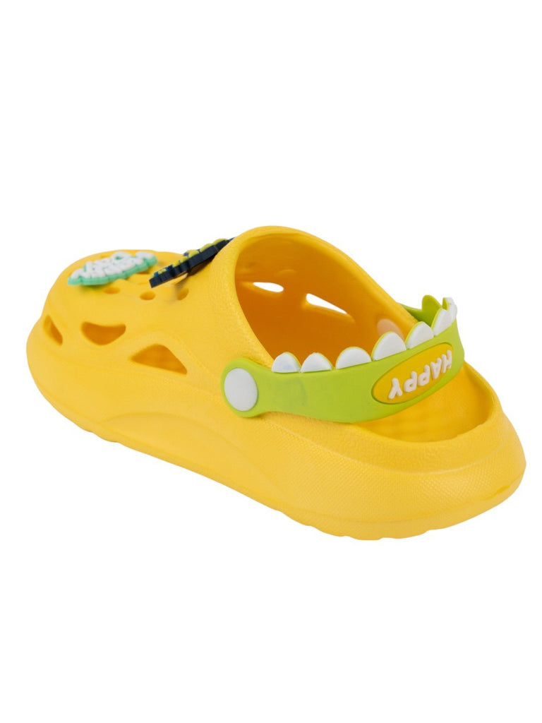 Adorable Yellow Clogs with 3D Dinosaur & “Happy Day” Charms for Boys-Back View