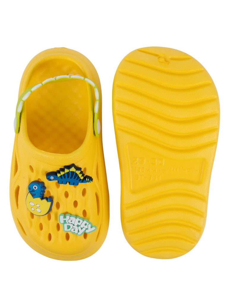 Adorable Yellow Clogs with 3D Dinosaur & “Happy Day” Charms for Boys-Front & Back View