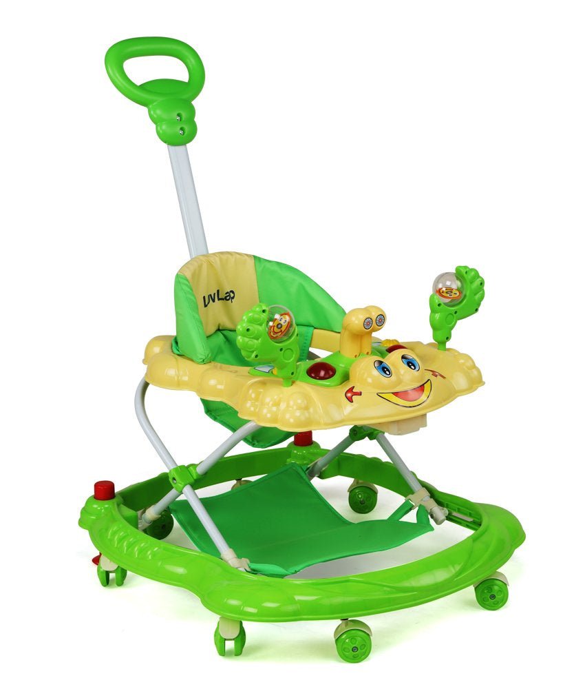 Sunshine Baby Walker in Green | Detailed View of Safety Stoppers and Wheel Mechanism