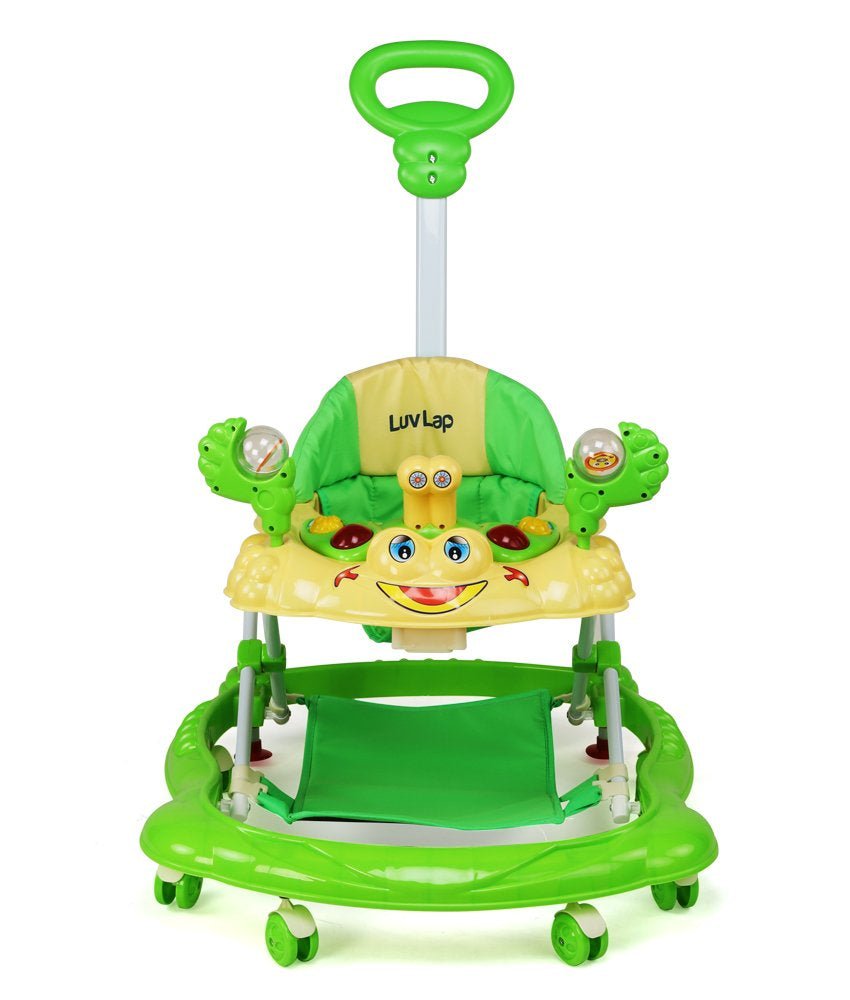 Sunshine Baby Walker in Green | Close-Up on Adjustable Height and Toy Features