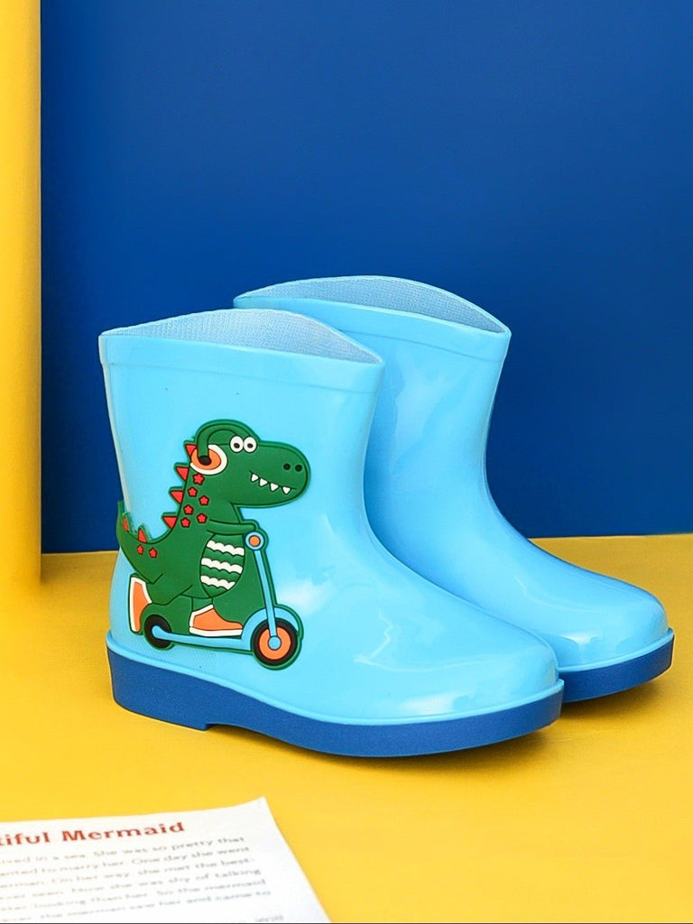 Creative View of Yellow Bee Adventurous Dino Themed Blue Rain Boots for Boys