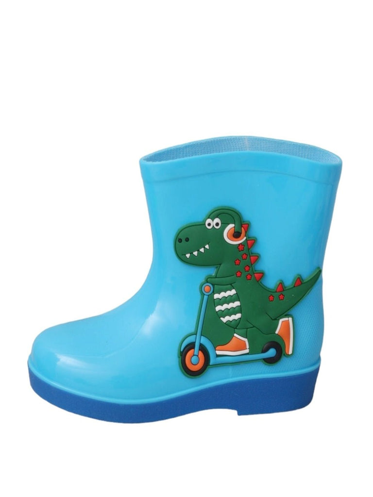 Side view of Yellow Bee Adventurous Dino Themed Blue Rain Boots for Boys