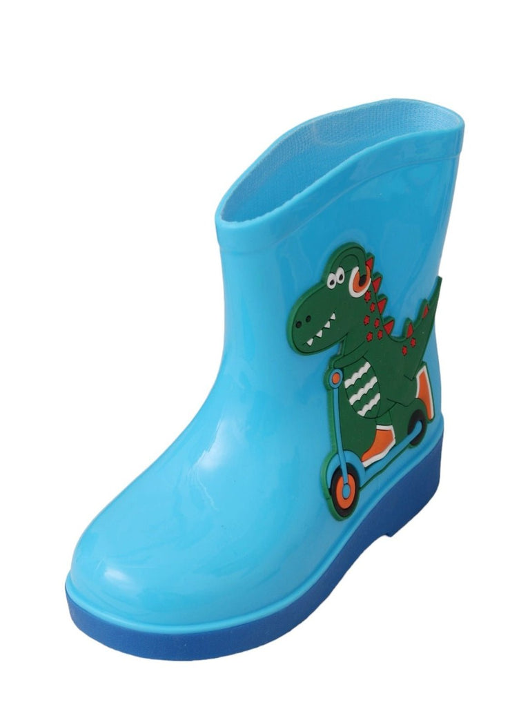 Top view of Yellow Bee Adventurous Dino Themed Blue Rain Boots for Boys