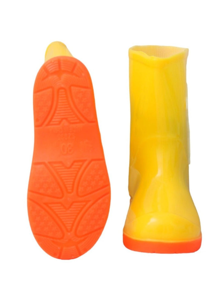 Front & Bottom  view of Dino Themed Yellow Rain Boots for Boys, highlighting the dinosaur design.