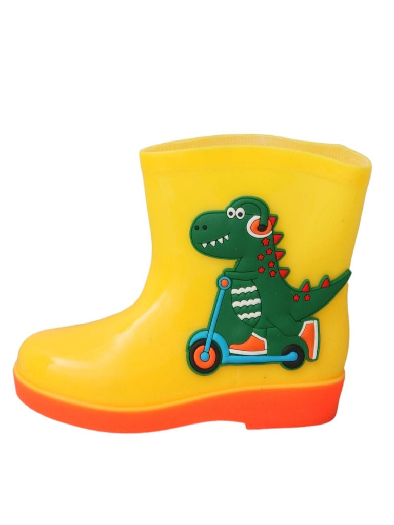 Side view of Yellow Bee's Dino Themed Yellow Rain Boots for Boys.