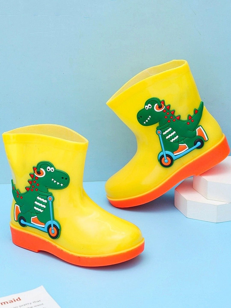 A pair of Yellow Bee's Dino Themed Yellow Rain Boots displayed against a blue background.