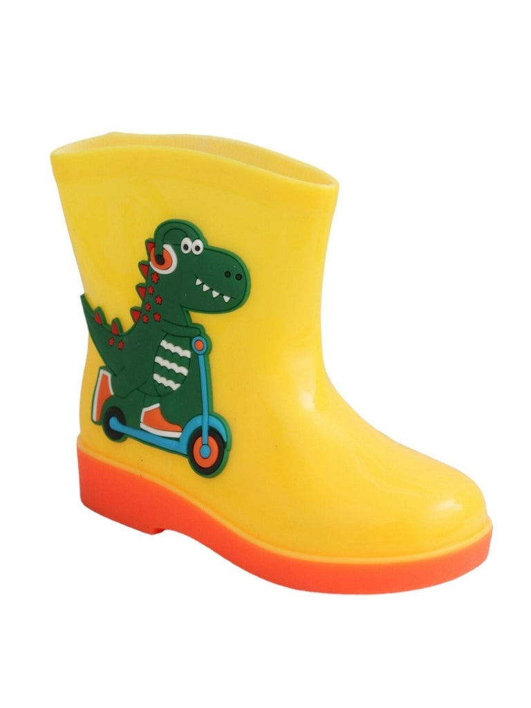 Angle view of Adventurous Dino Themed Yellow Rain Boots for Boys by Yellow Bee.