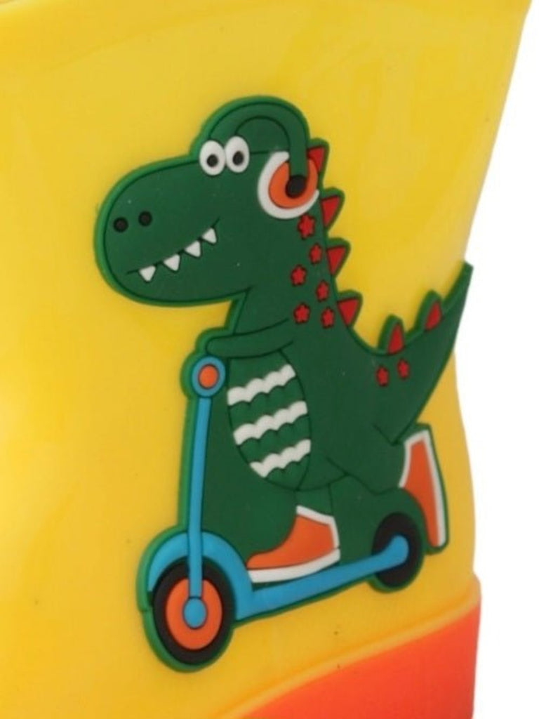 Close-up of the dinosaur design on Yellow Bee's Dino Themed Yellow Rain Boots.