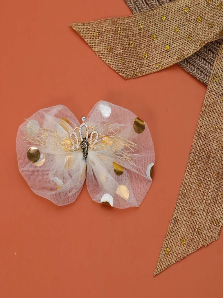 Yellow Bee Bow Aligator Hair Clip with crown accent, artistically placed against a festive backdrop.