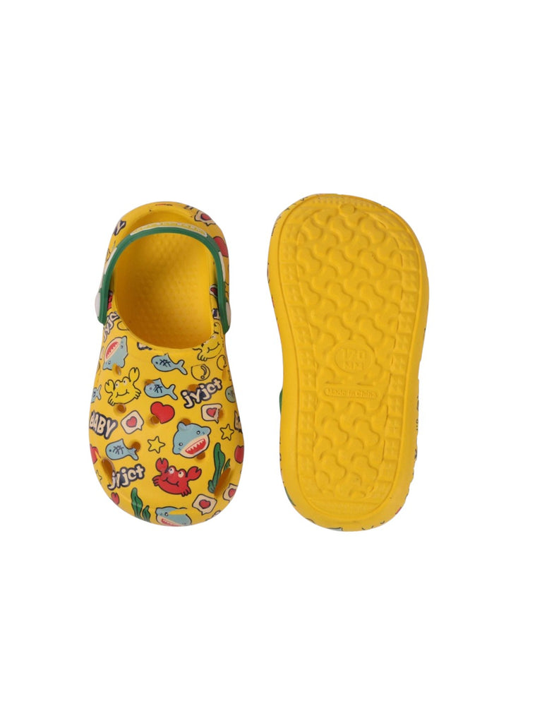 Kids' Bright Yellow Clogs with Colorful Playful Characters and Easy-Clean Material-back