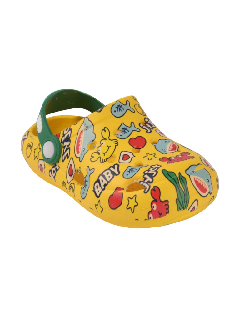 Kids' Bright Yellow Clogs with Colorful Playful Characters and Easy-Clean Material