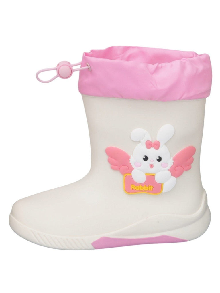 Side view of Angel Bunny Themed White Rain Boots for Girls showing the robust rubber sole and charming side details.