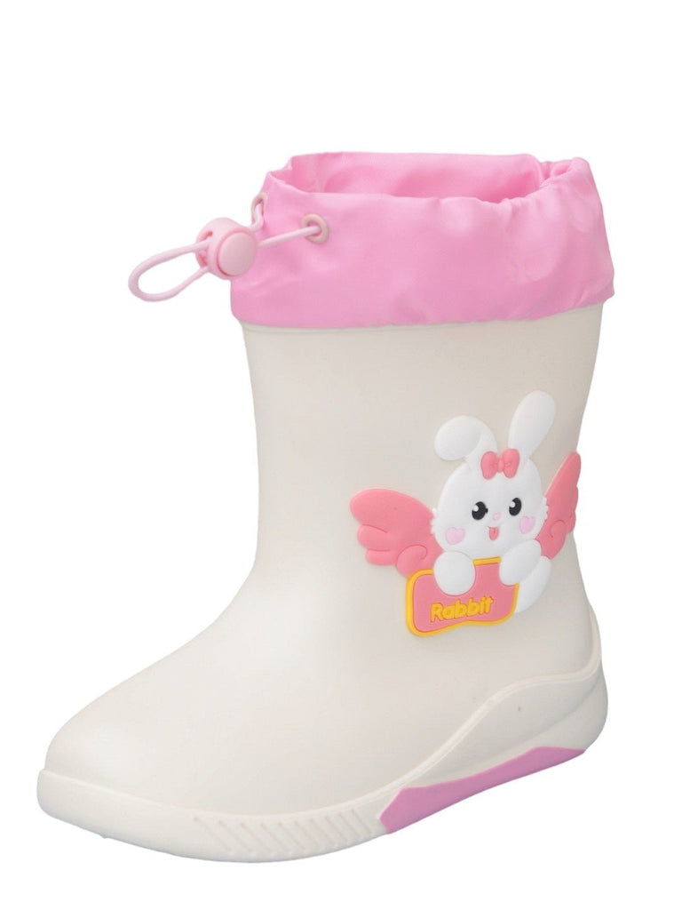 Angel Bunny Themed White Rain Boots for Girls, angle view showcasing the playful design and snug fit.