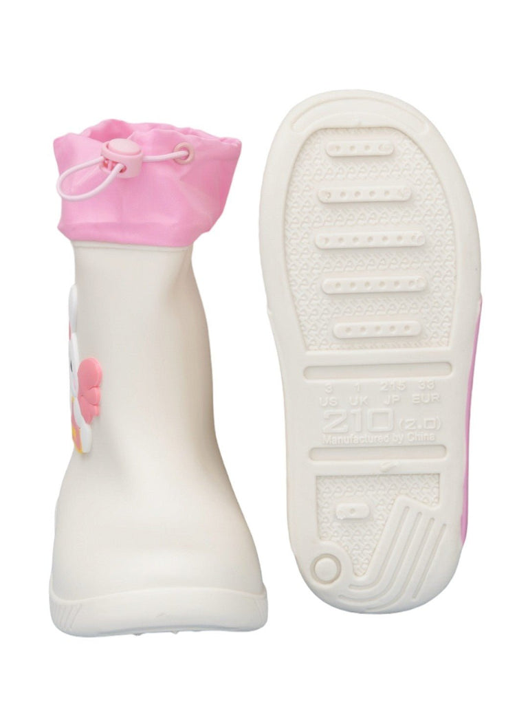 Front and back view of Angel Bunny Themed White Rain Boots for Girls, illustrating the design continuity and water-resistant material.