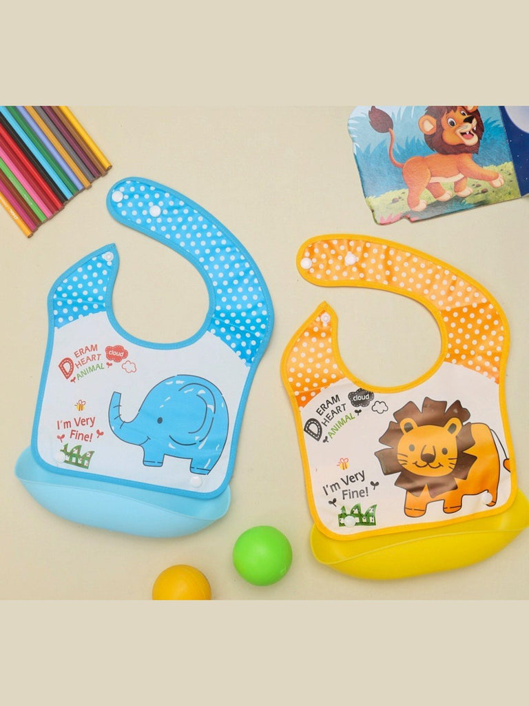 Display of Yellow Bee's  Polyester bibs with Elephant and Lion prints, showing vibrant colors and playful designs.