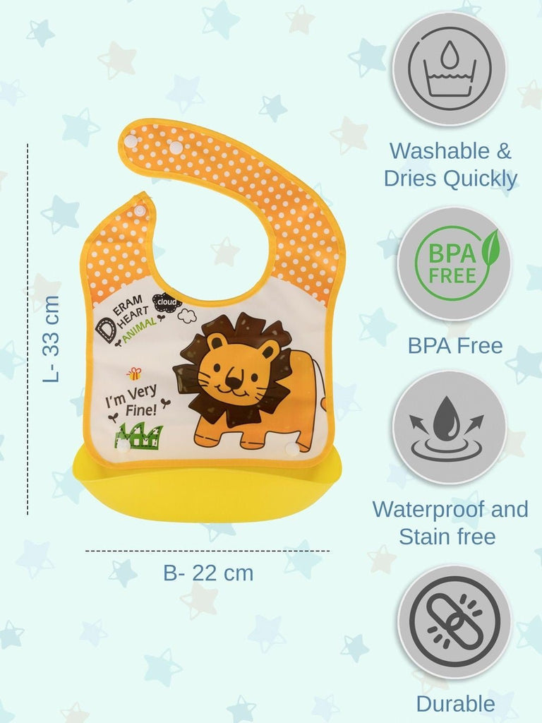 Size and design details of the Yellow Bee Polyester bibs featuring Elephant and Lion themes.