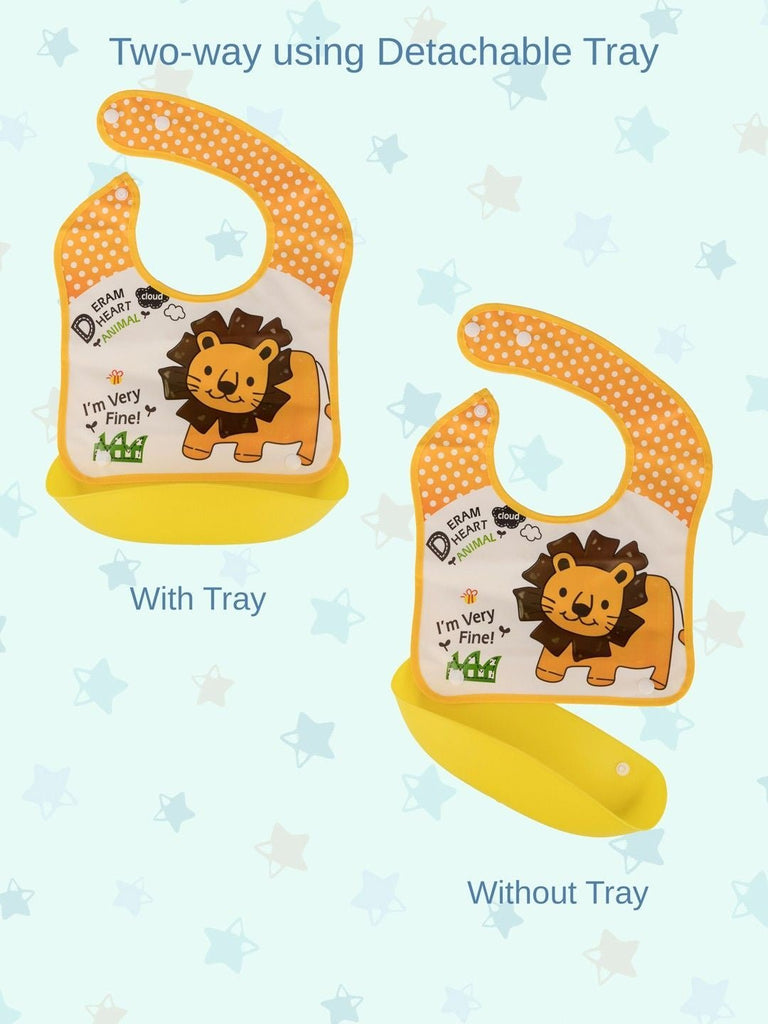 Yellow Bee Polyester bibs for boys with a detachable tray featuring Elephant and Lion designs.