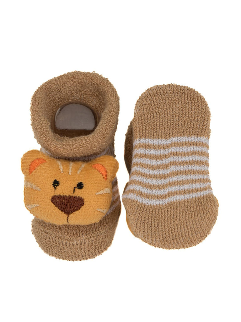 Single pair of Yellow Bee's brown animal stuffed toy socks for boys showing front and back design.