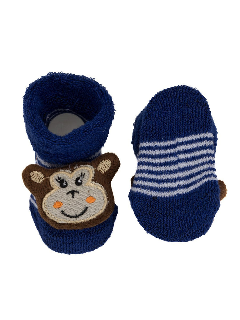 Single pair of Yellow Bee's blue animal stuffed toy socks for boys showcasing the playful monkey face.