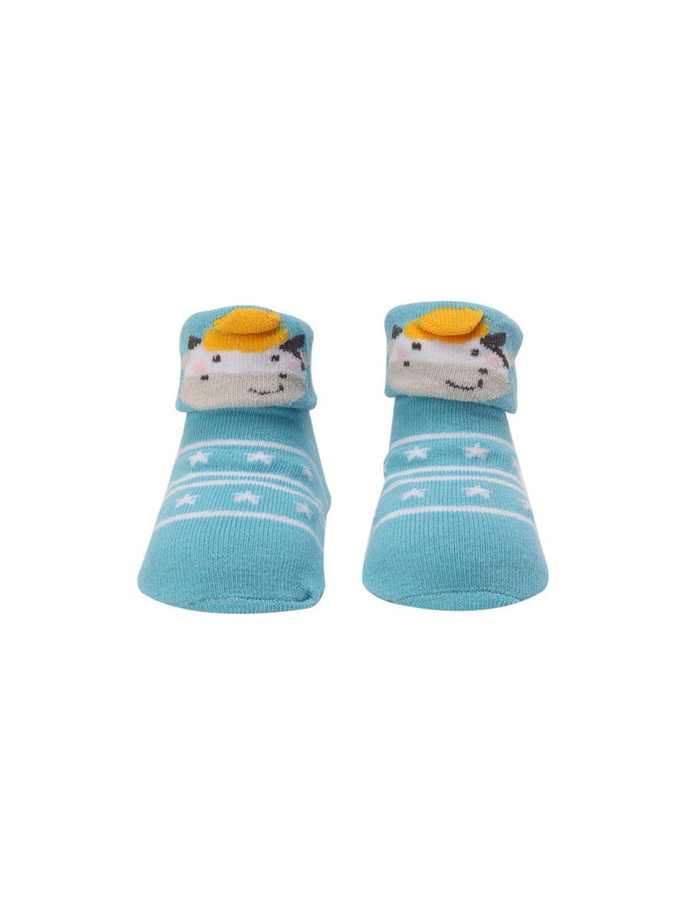 Aqua Blue Baby Booties with 3D Cow Design – Front View