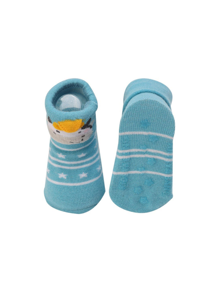 Aqua Blue Baby Booties with 3D Cow Design – Front and Back View