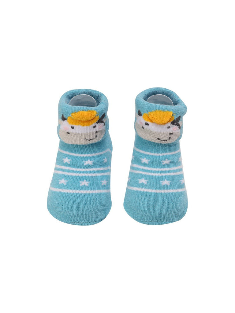 Aqua Blue Baby Booties with 3D Cow Design – Top View