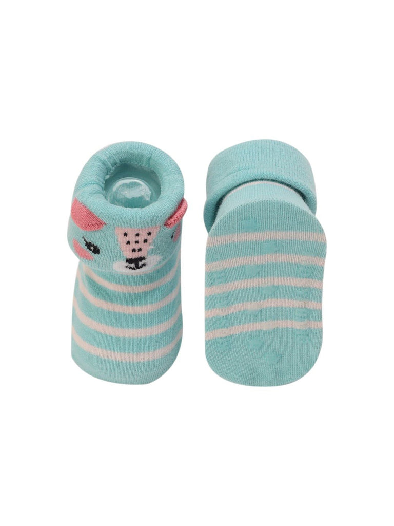 Aqua Striped Baby Booties with 3D Bear Face – Front & Back View