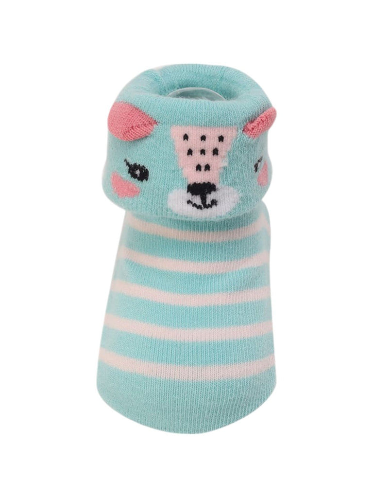 Aqua Striped Baby Booties with 3D Bear Face – Closeup View