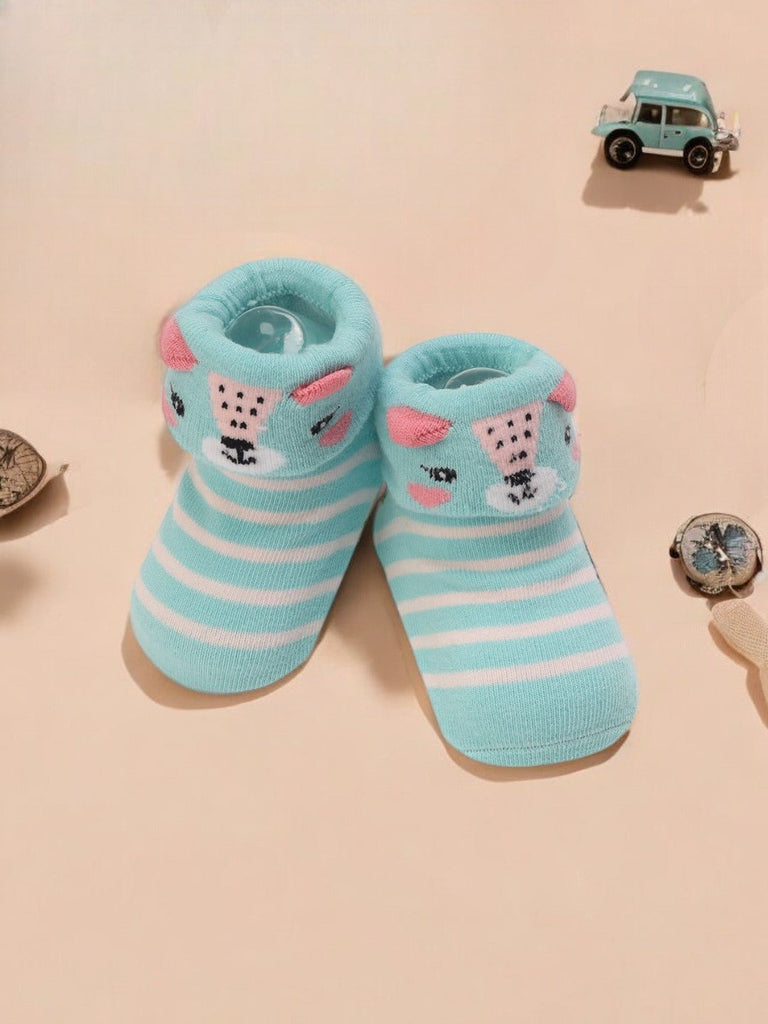 Aqua Striped Baby Booties with 3D Bear Face –Creative View