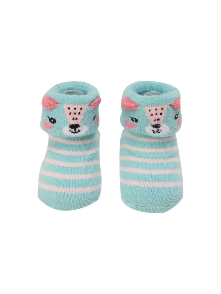 Aqua Striped Baby Booties with 3D Bear Face – Upper View