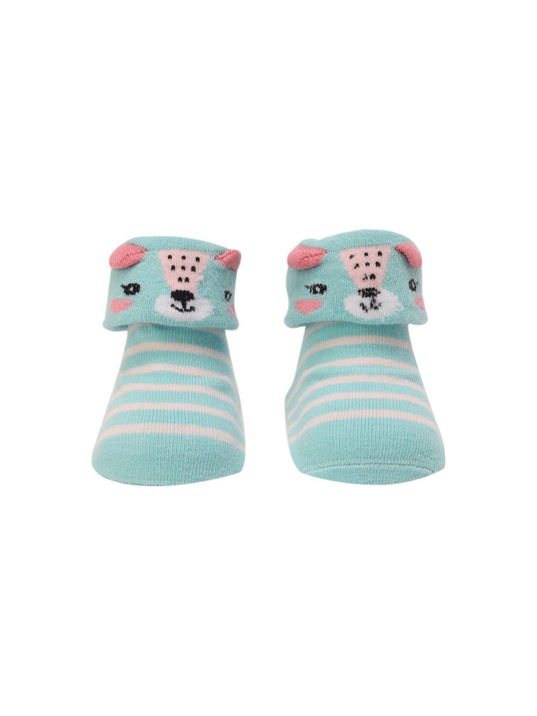 Aqua Striped Baby Booties with 3D Bear Face – Front View