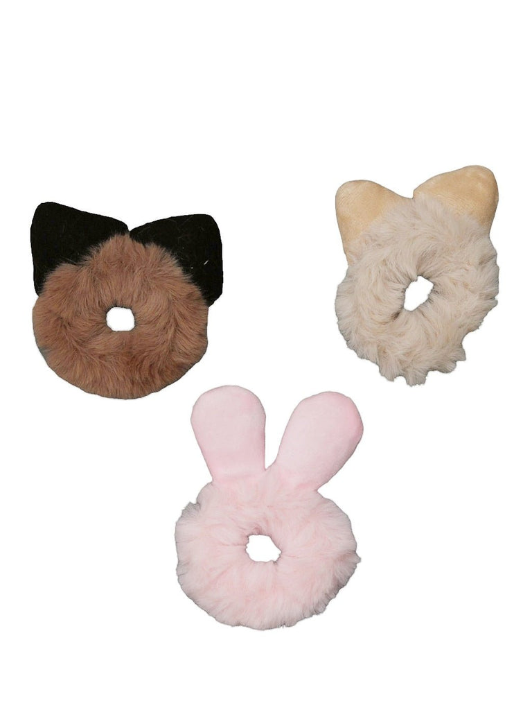 Yellow Bee's trio of fur scrunchies showcasing leopard, cat, and bunny ear designs for girls.