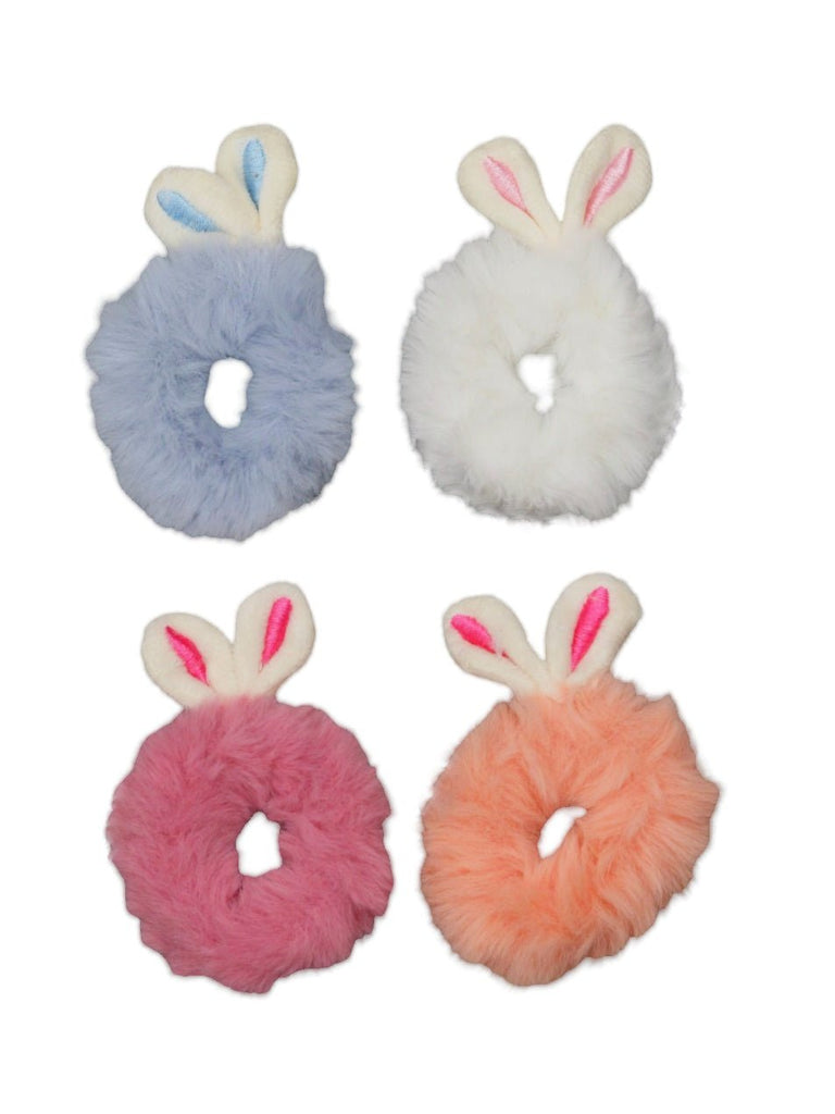 An isolated view of Yellow Bee's pack of four bunny ear fur scrunchies in pastel colors, highlighting their plush design and adorable ear details.