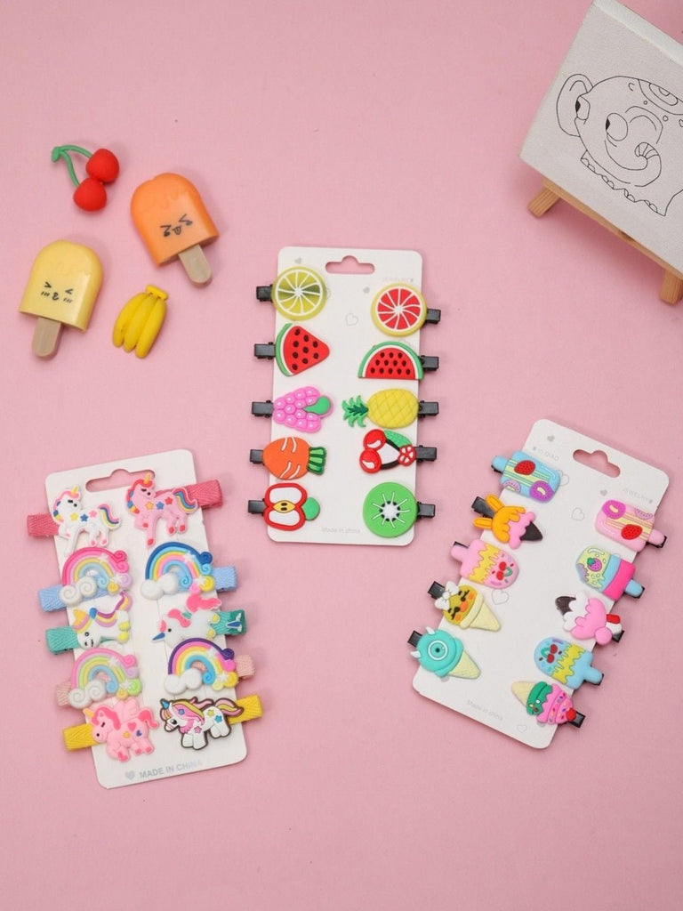 Creative View of Assorted Unicorn, Fruit, and Ice Cream Hair Clips Set